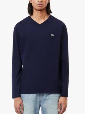 LACOSTE | Mens V-neck Tee Shirt Top Long Sleeve Navy Blue Sz M